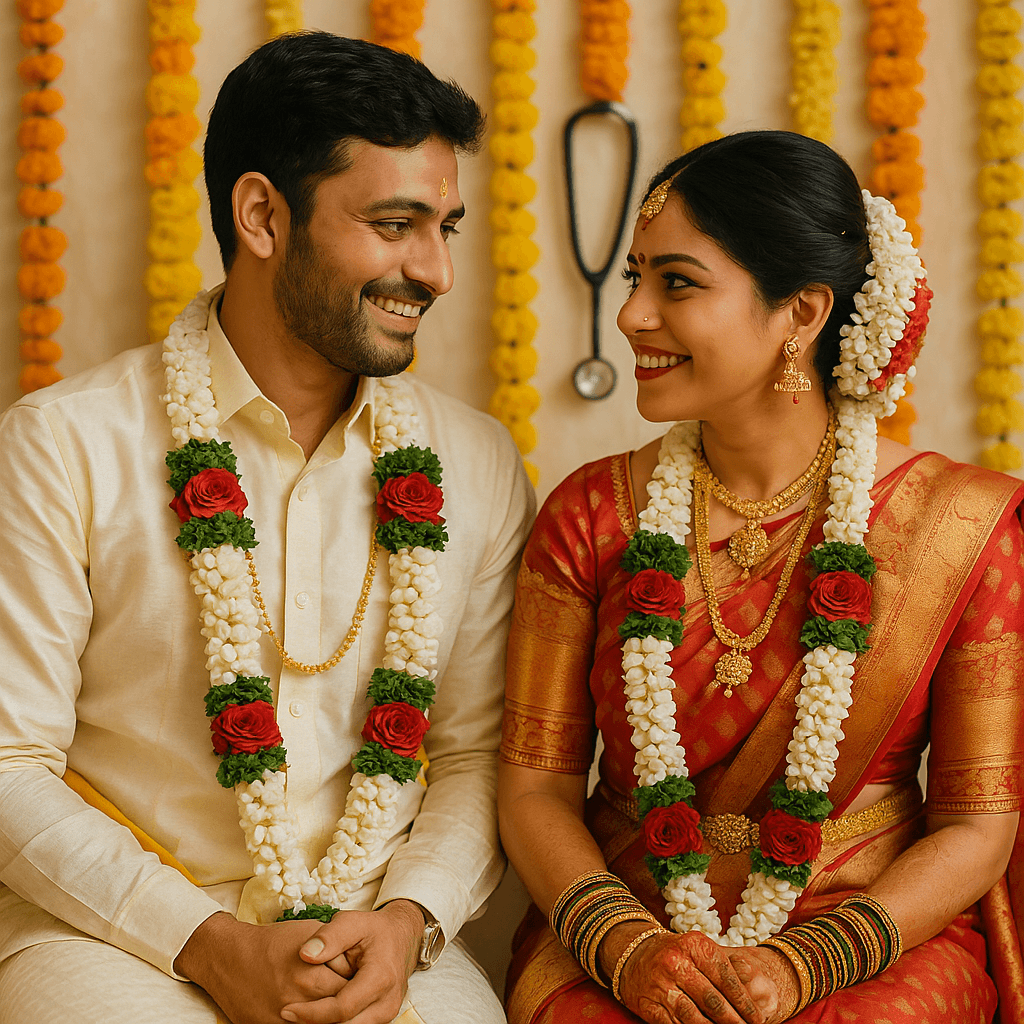 AI generated image of South indian couple, posing in their wedding